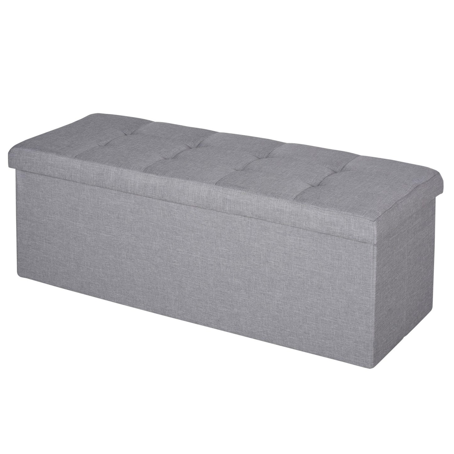 Gray upholstered storage bench, foldable with dividers