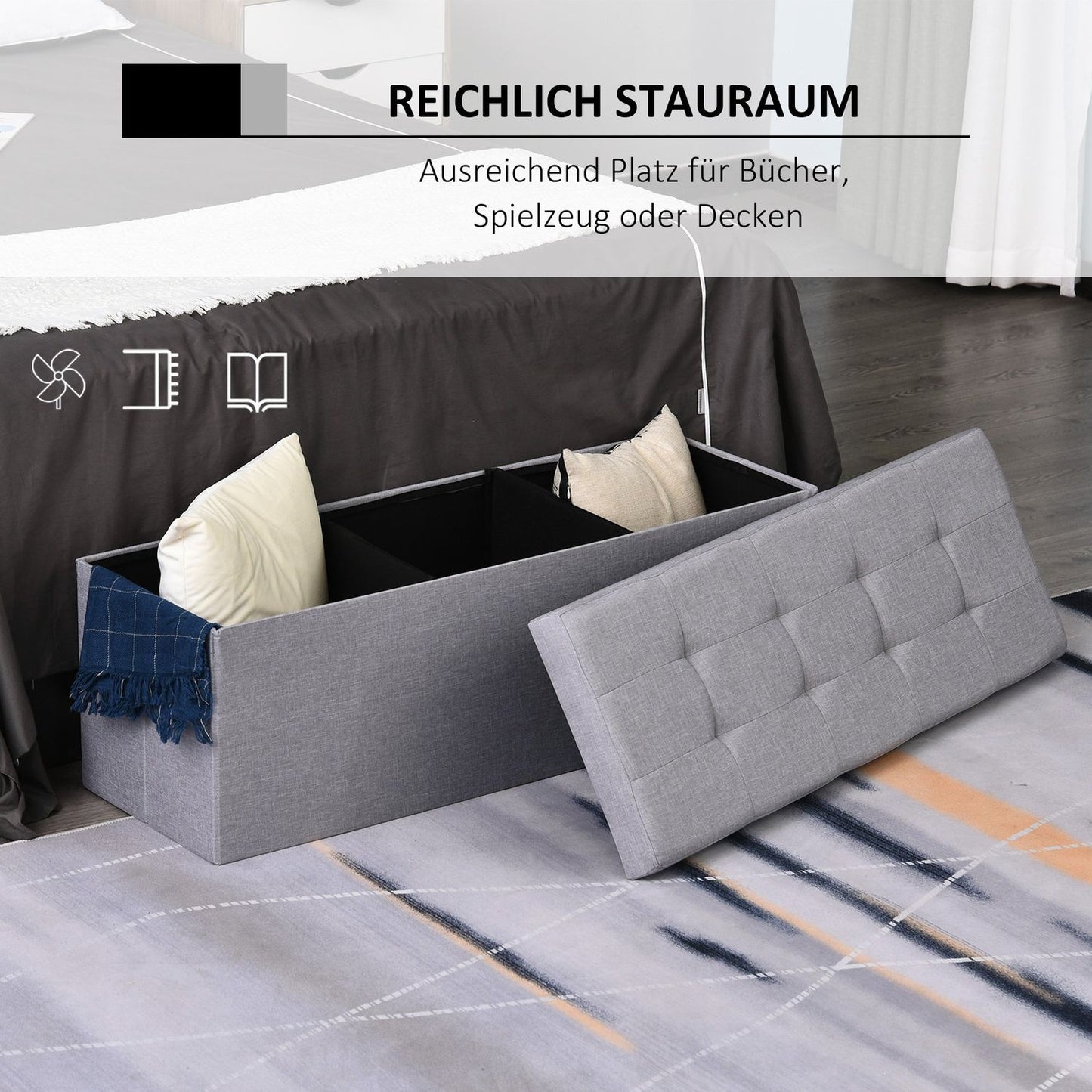 Gray upholstered storage bench, foldable with dividers