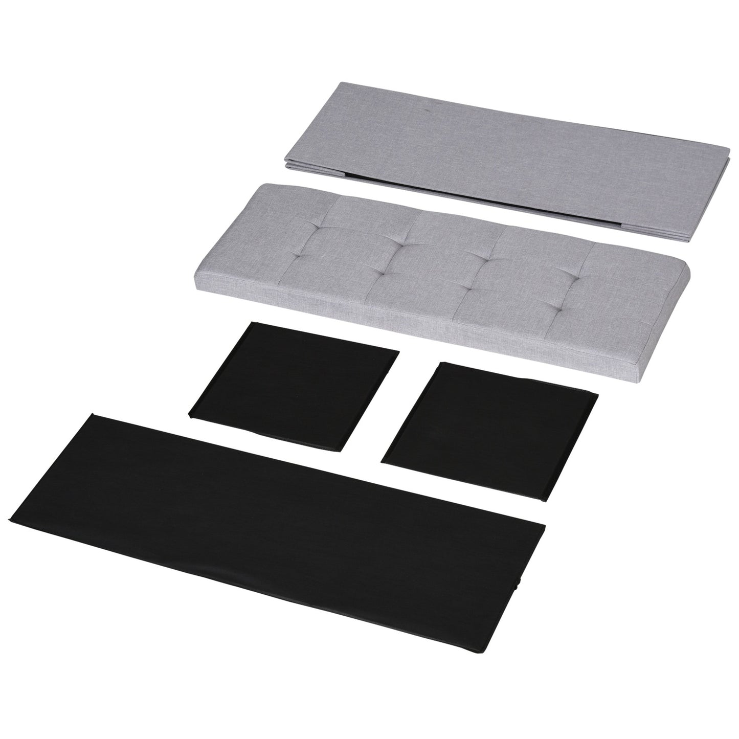 Gray upholstered storage bench, foldable with dividers
