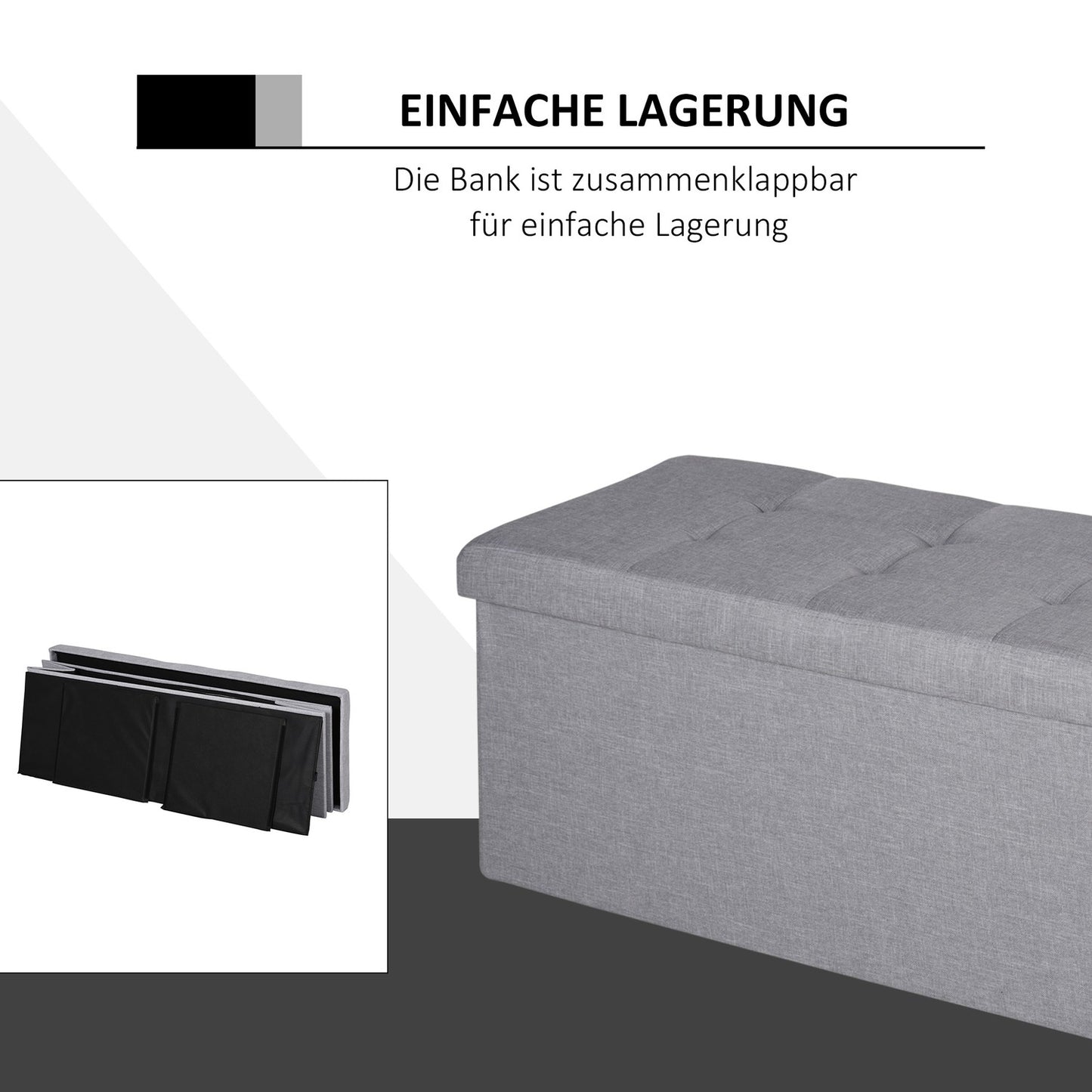 Gray upholstered storage bench, foldable with dividers