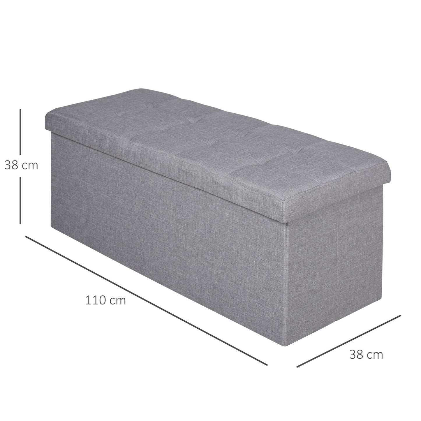 Gray upholstered storage bench, foldable with dividers