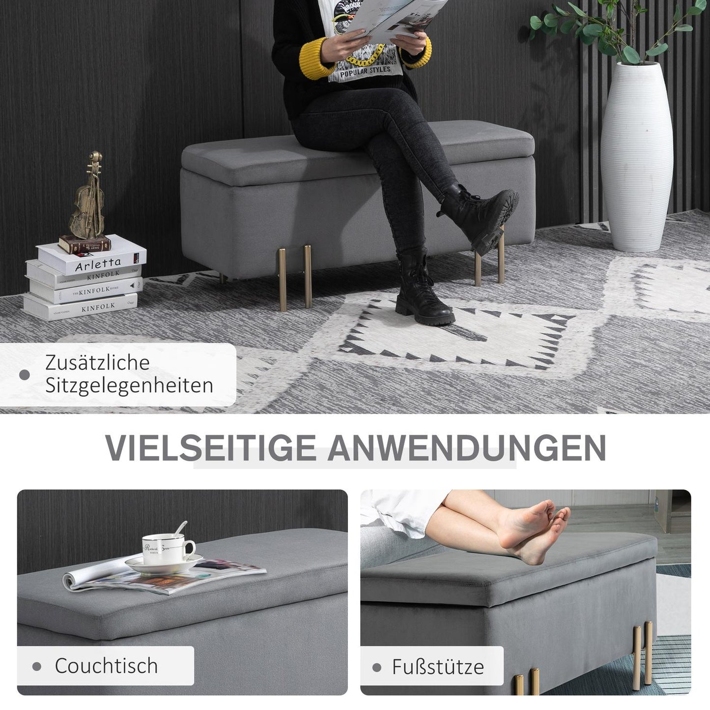Upholstered storage bench, dark gray fabric, 100x40x42 cm