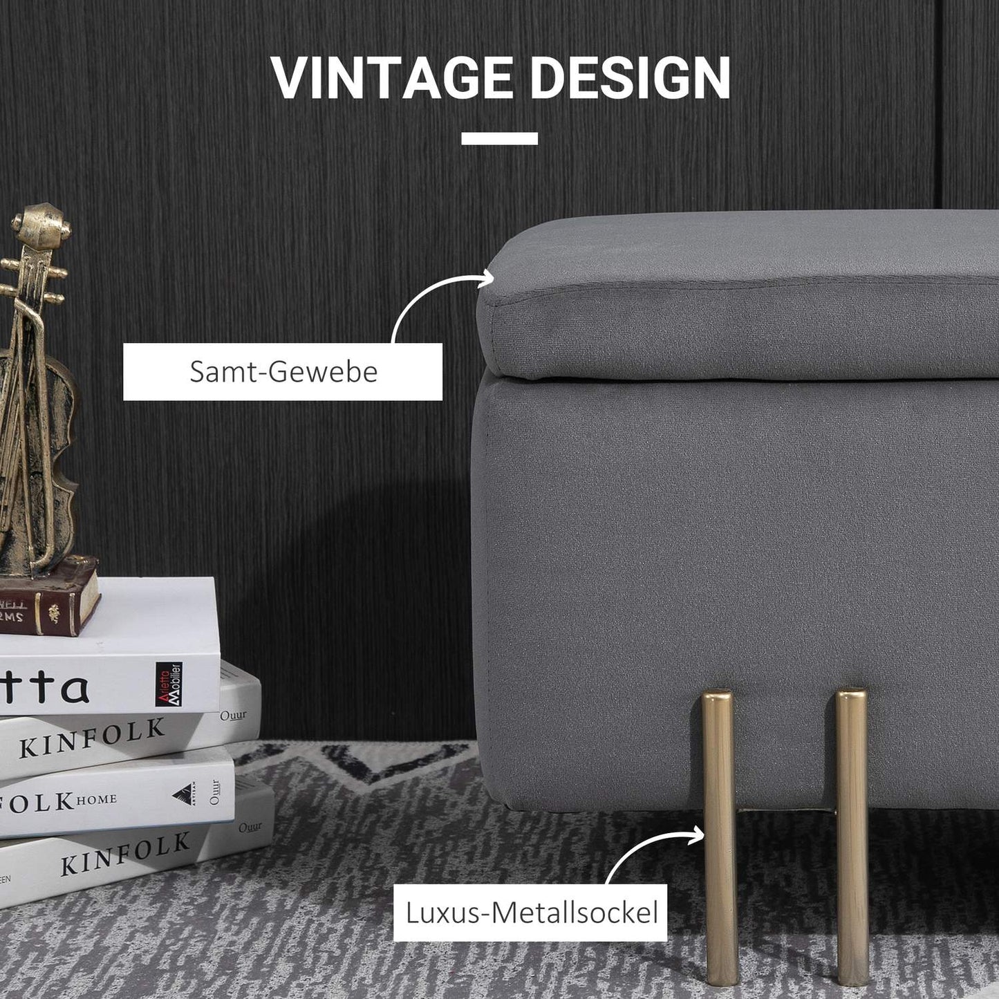 Upholstered storage bench, dark gray fabric, 100x40x42 cm