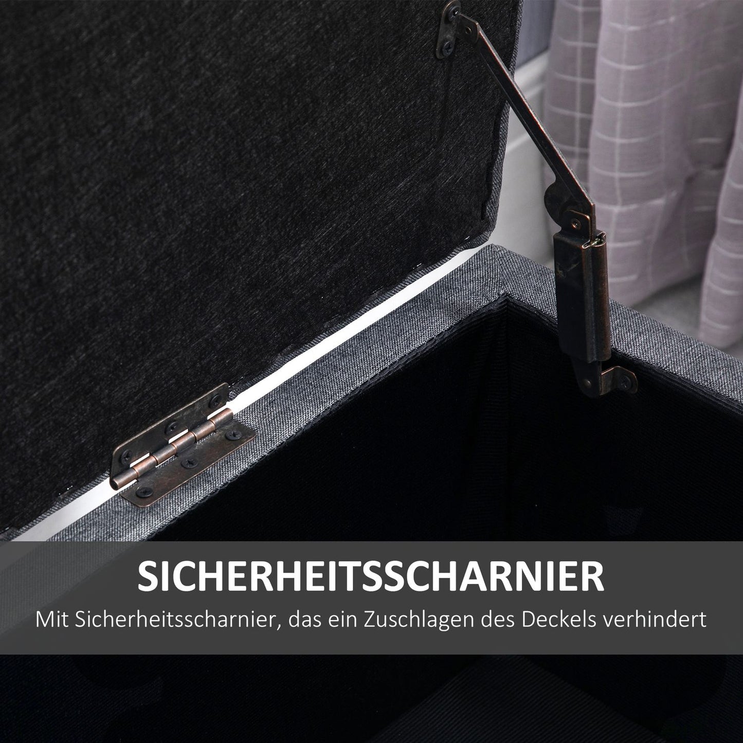 Upholstered storage bench, dark gray linen, 100 x 40 x 44 cm
