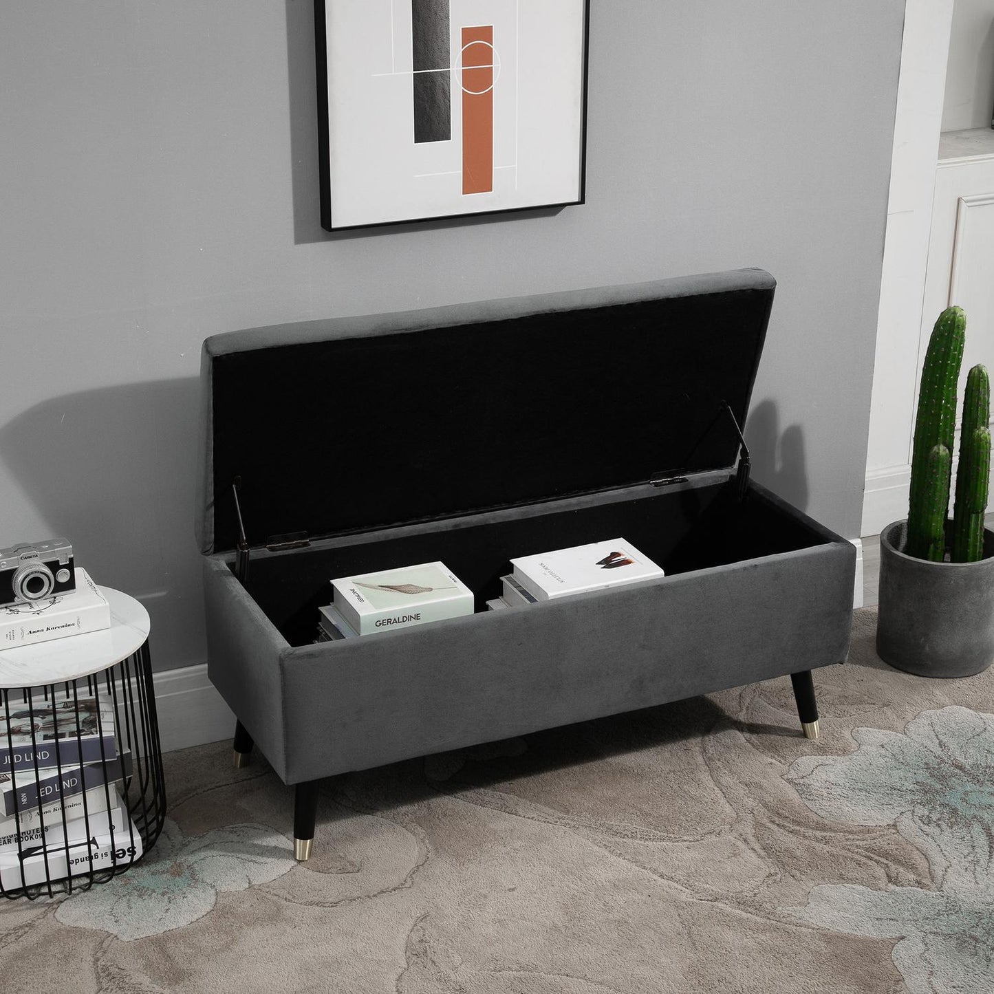 Upholstered storage bench, metal frame, charcoal grey