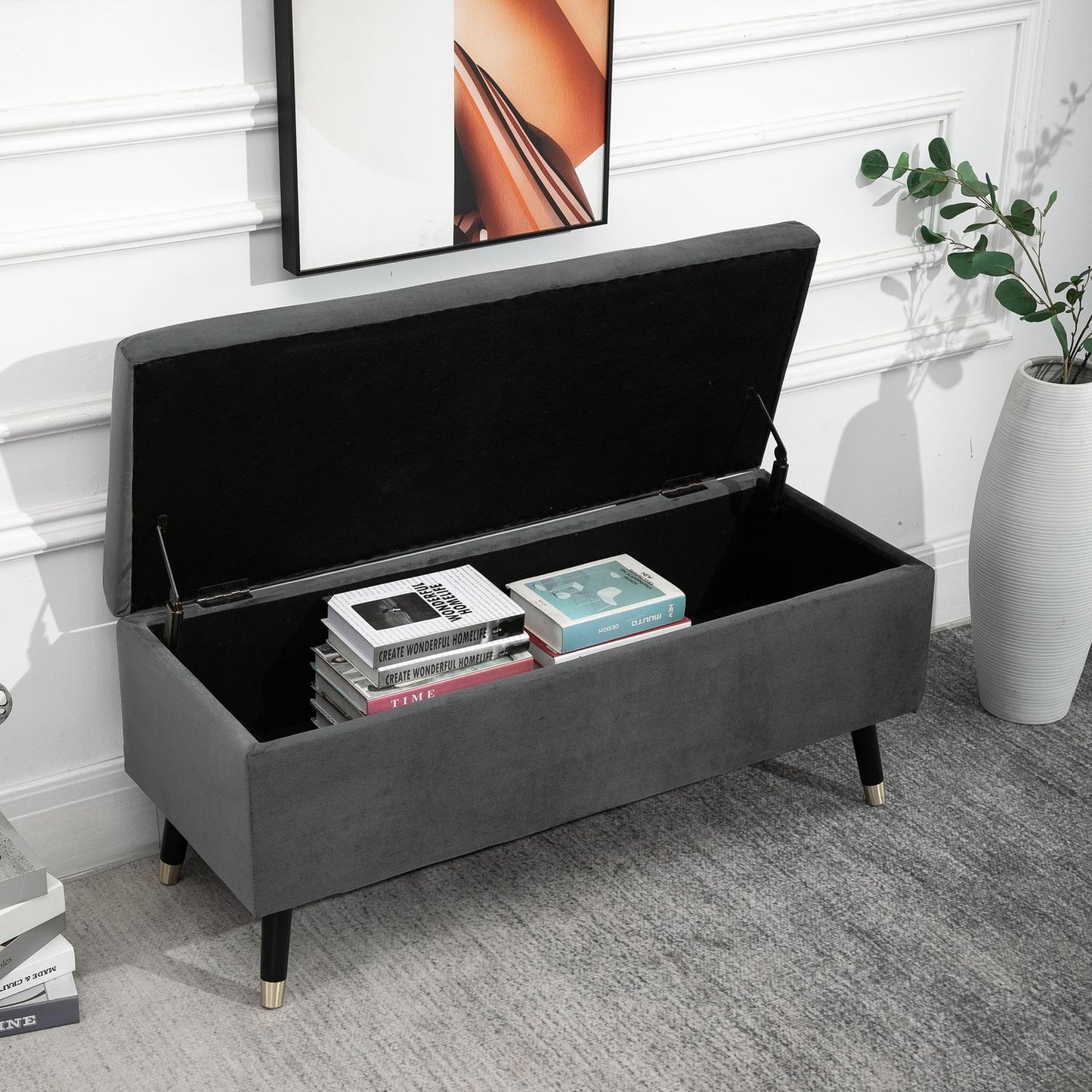 Upholstered storage bench, metal frame, charcoal grey