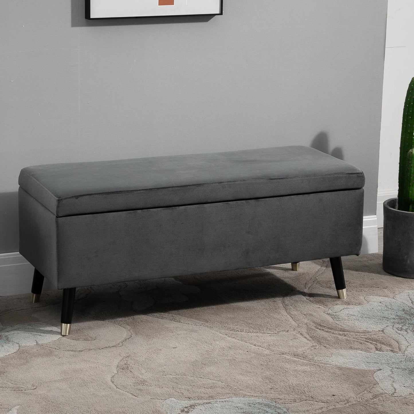 Upholstered storage bench, metal frame, charcoal grey