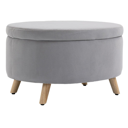 Upholstered storage bench, oval shape, light grey