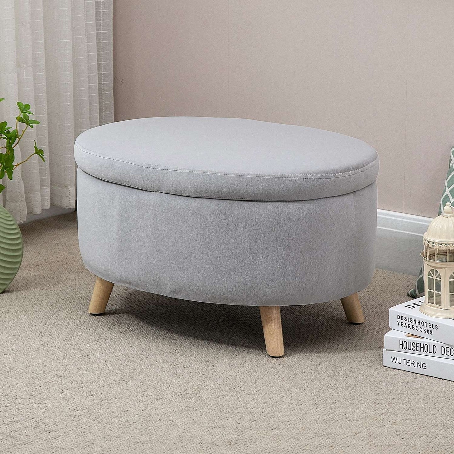 Upholstered storage bench, oval shape, light grey