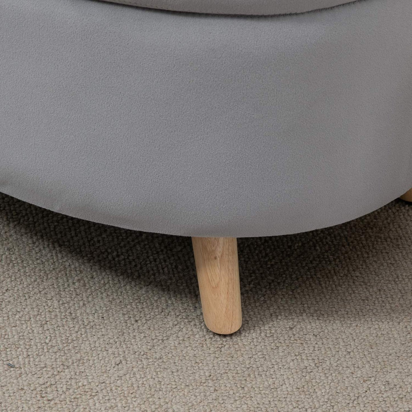 Upholstered storage bench, oval shape, light grey