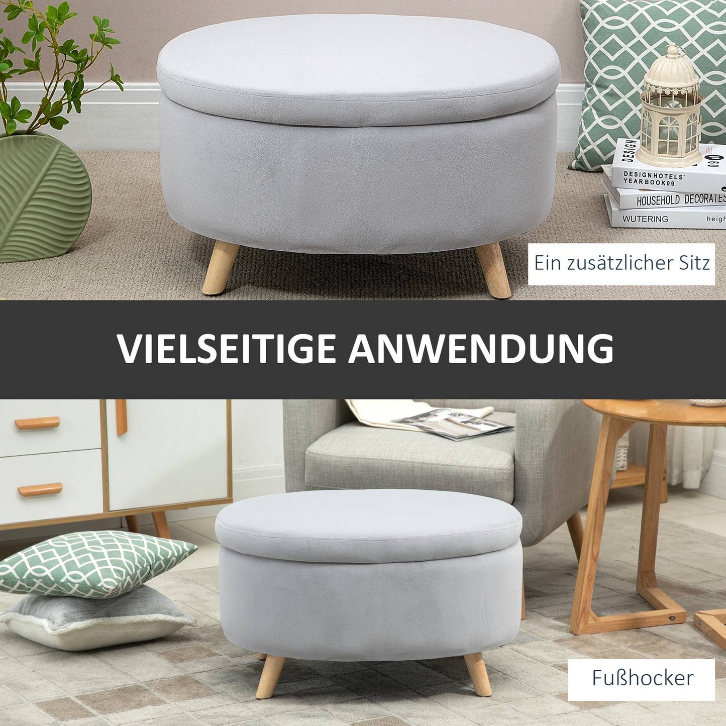 Upholstered storage bench, oval shape, light grey