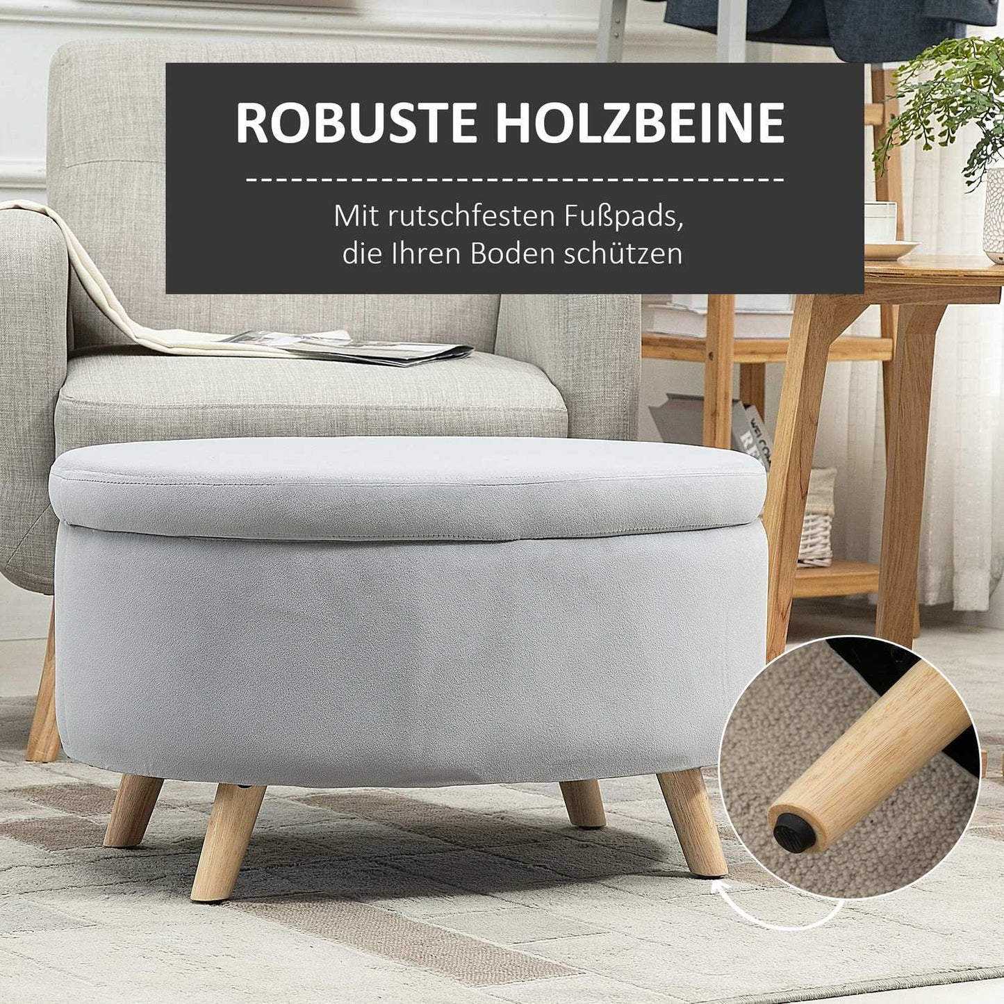 Upholstered storage bench, oval shape, light grey