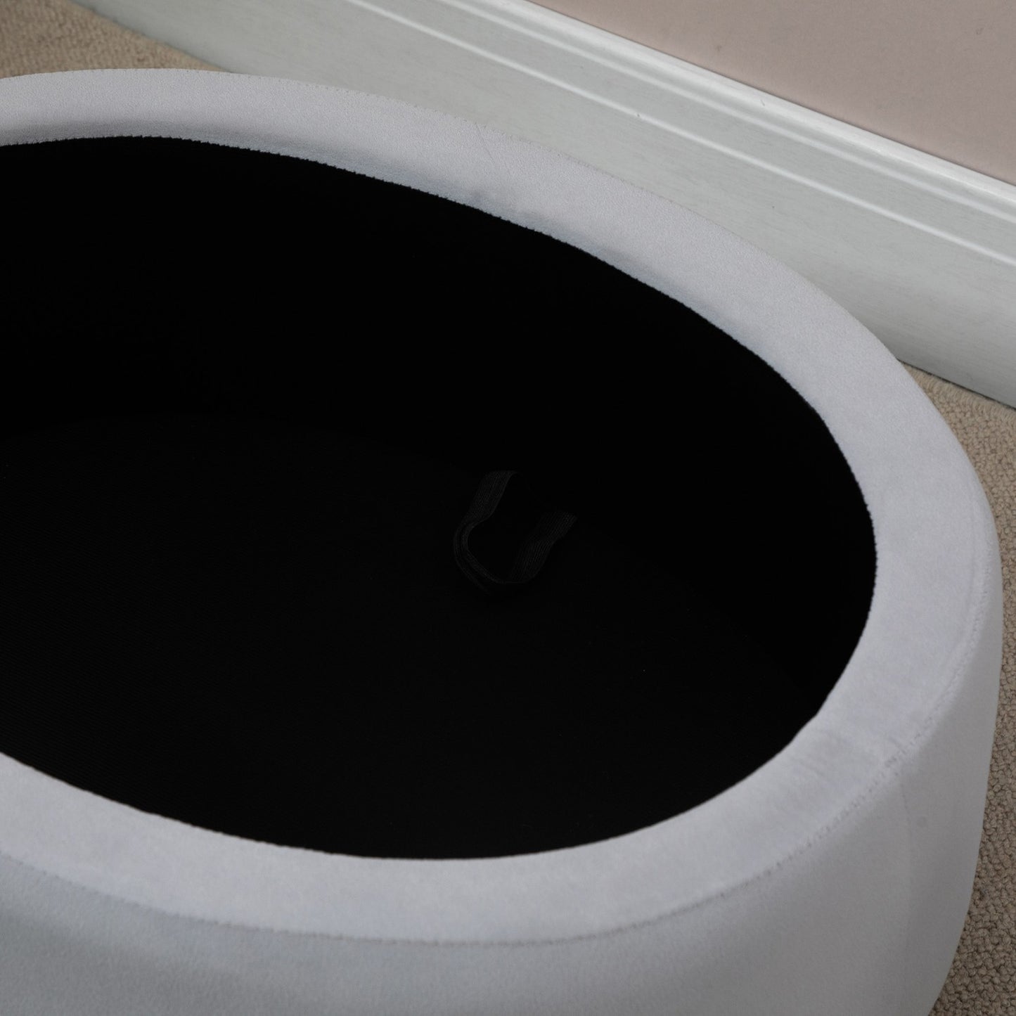 Upholstered storage bench, oval shape, light grey