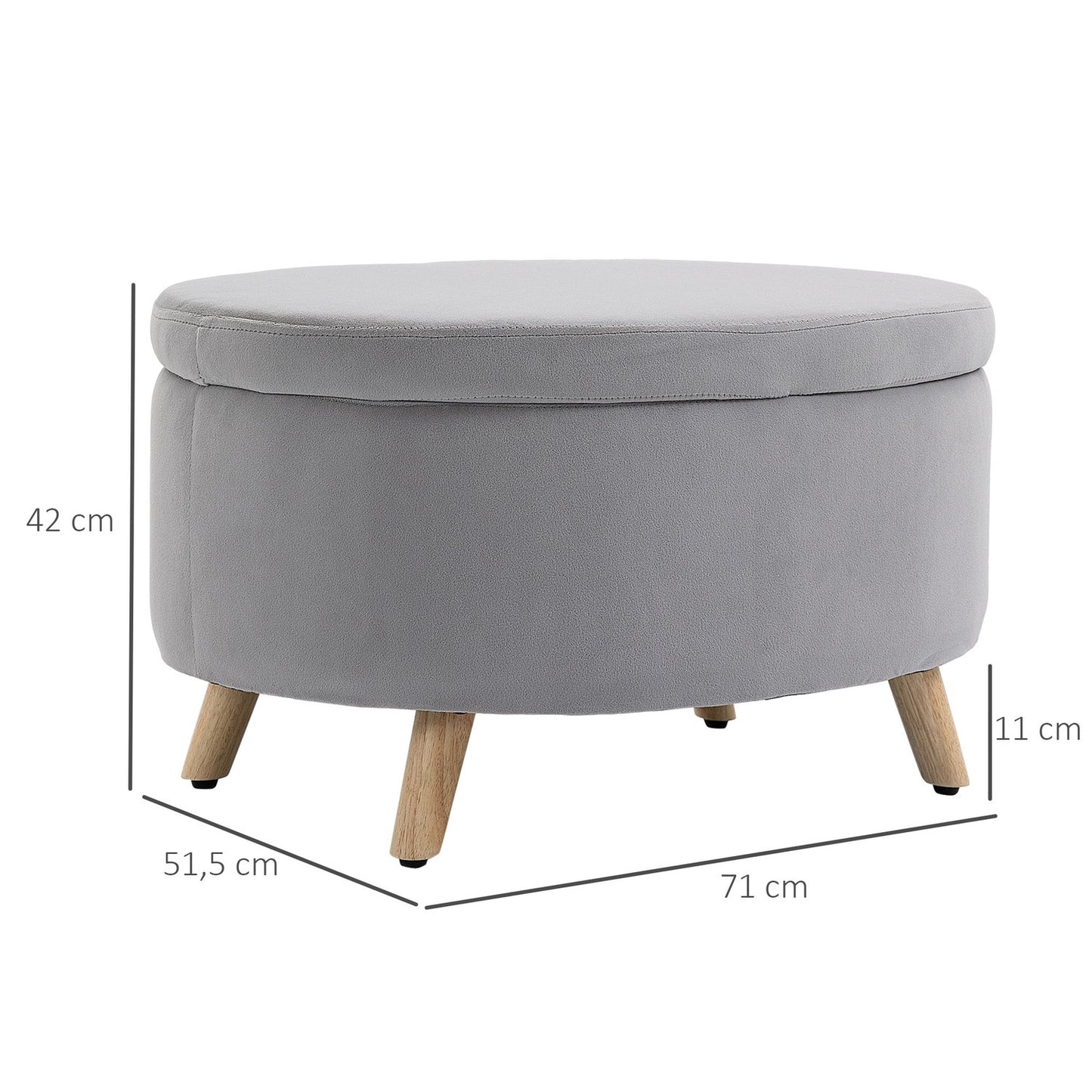 Upholstered storage bench, oval shape, light grey