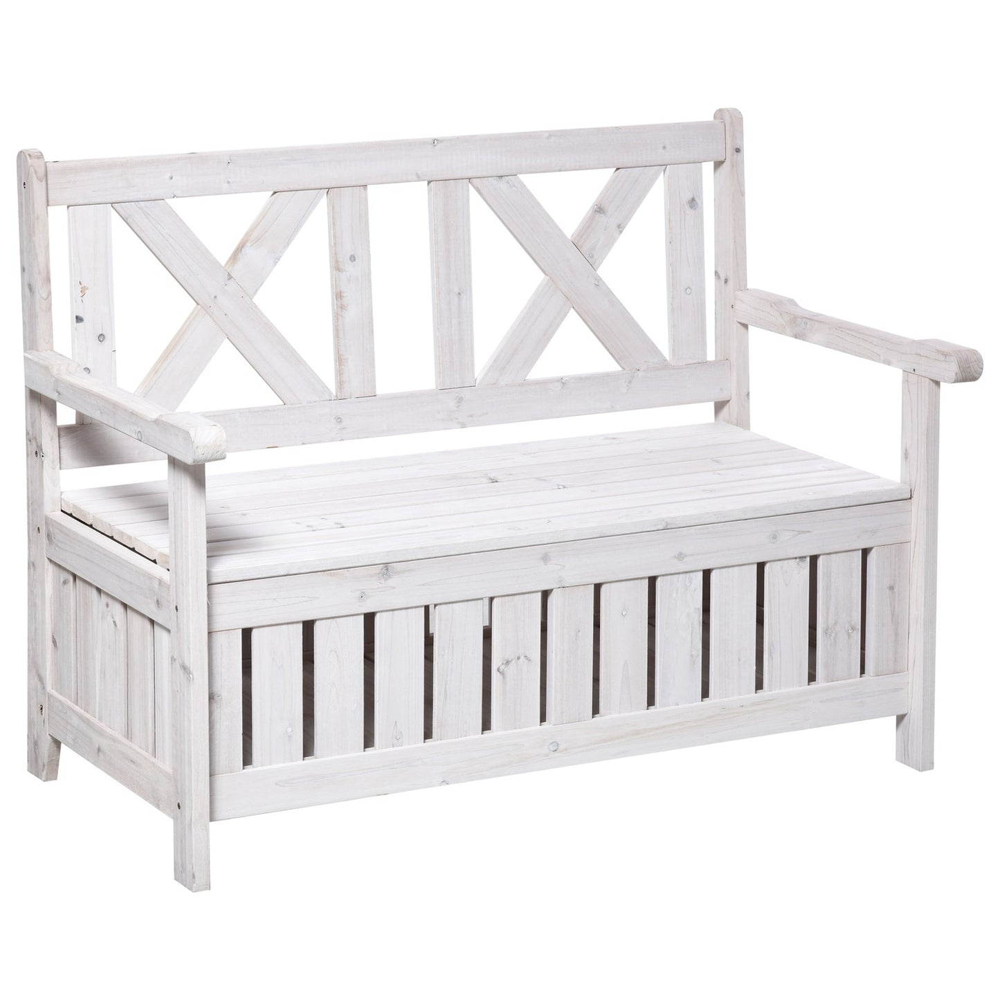Garden storage bench, 2-seater with cushion, white 115 cm