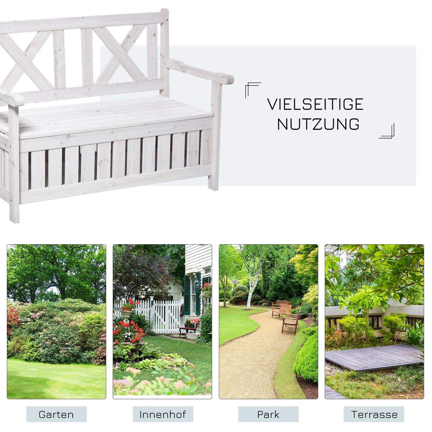 Garden storage bench, 2-seater with cushion, white 115 cm