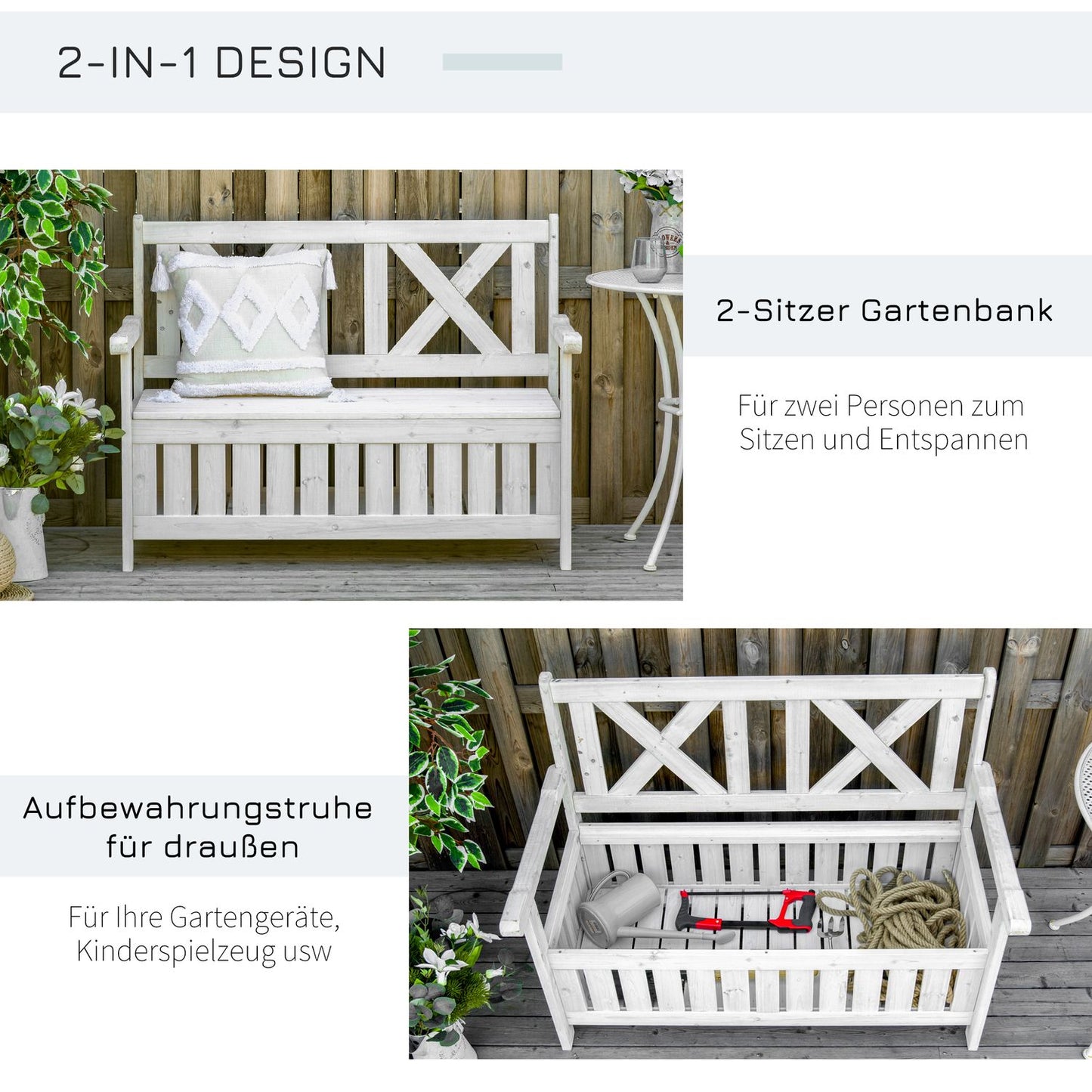 Garden storage bench, 2-seater with cushion, white 115 cm