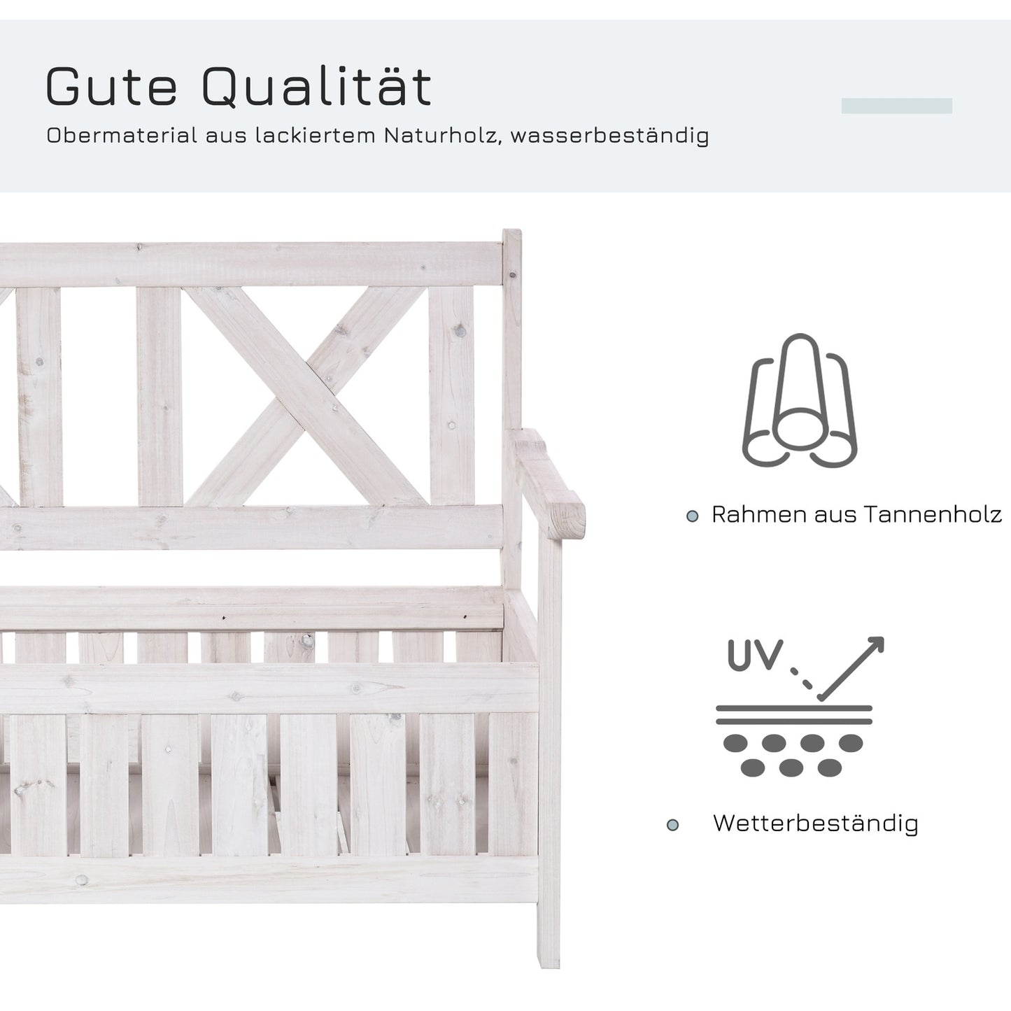 Garden storage bench, 2-seater with cushion, white 115 cm