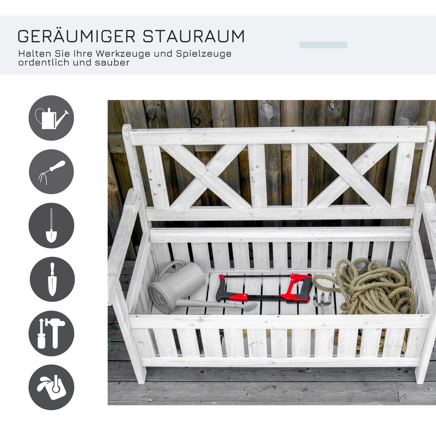 Garden storage bench, 2-seater with cushion, white 115 cm