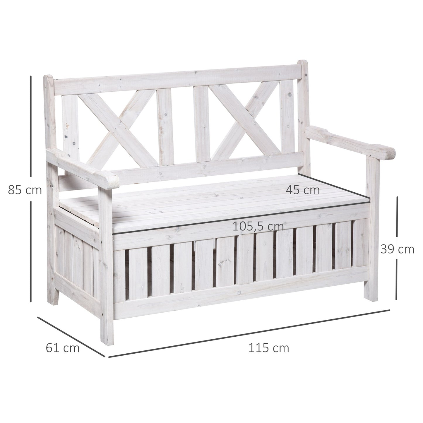 Garden storage bench, 2-seater with cushion, white 115 cm