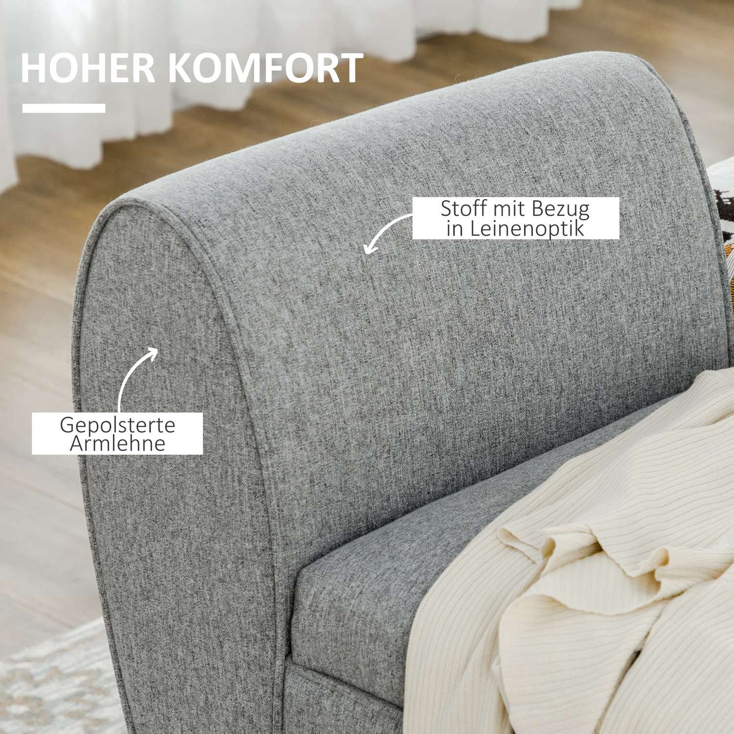 Upholstered storage bench with armrests - light gray linen