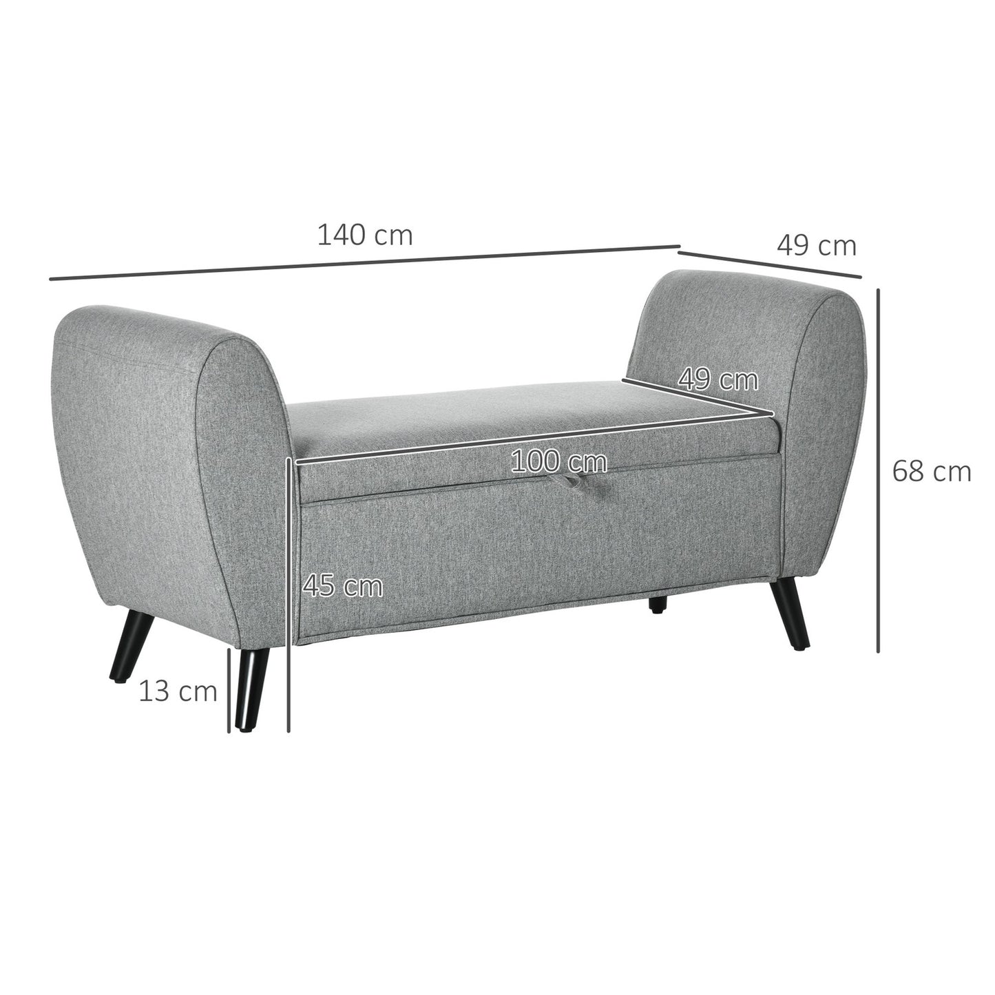 Upholstered storage bench with armrests - light gray linen