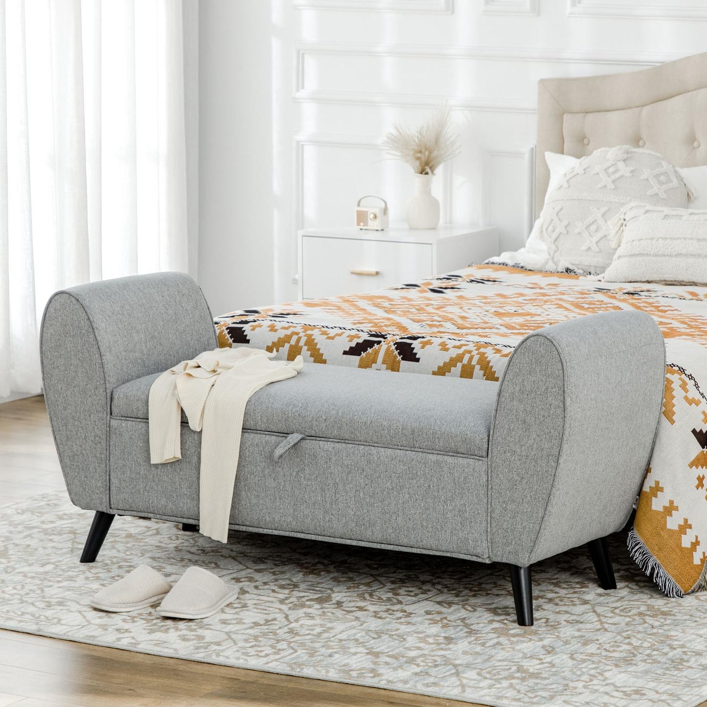 Upholstered storage bench with armrests - light gray linen