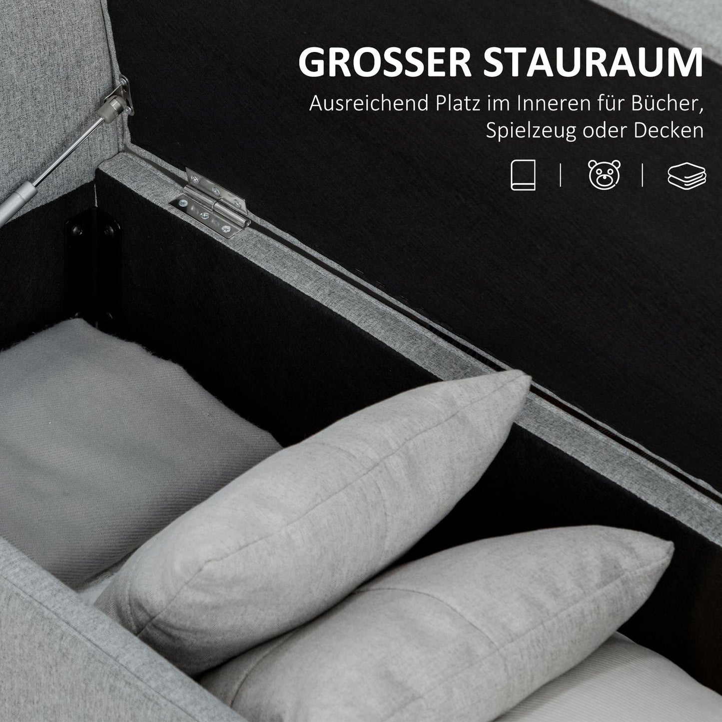 Upholstered storage bench with armrests - light gray linen