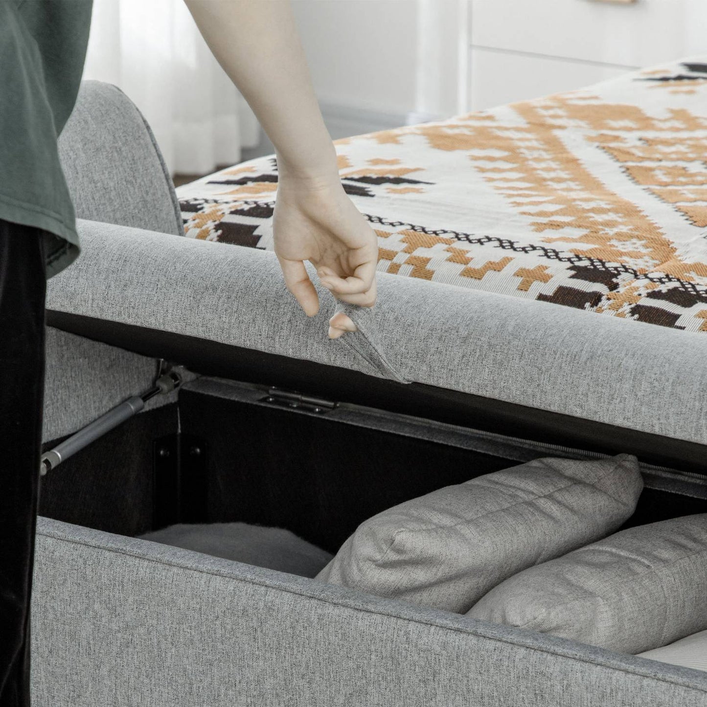 Upholstered storage bench with armrests - light gray linen
