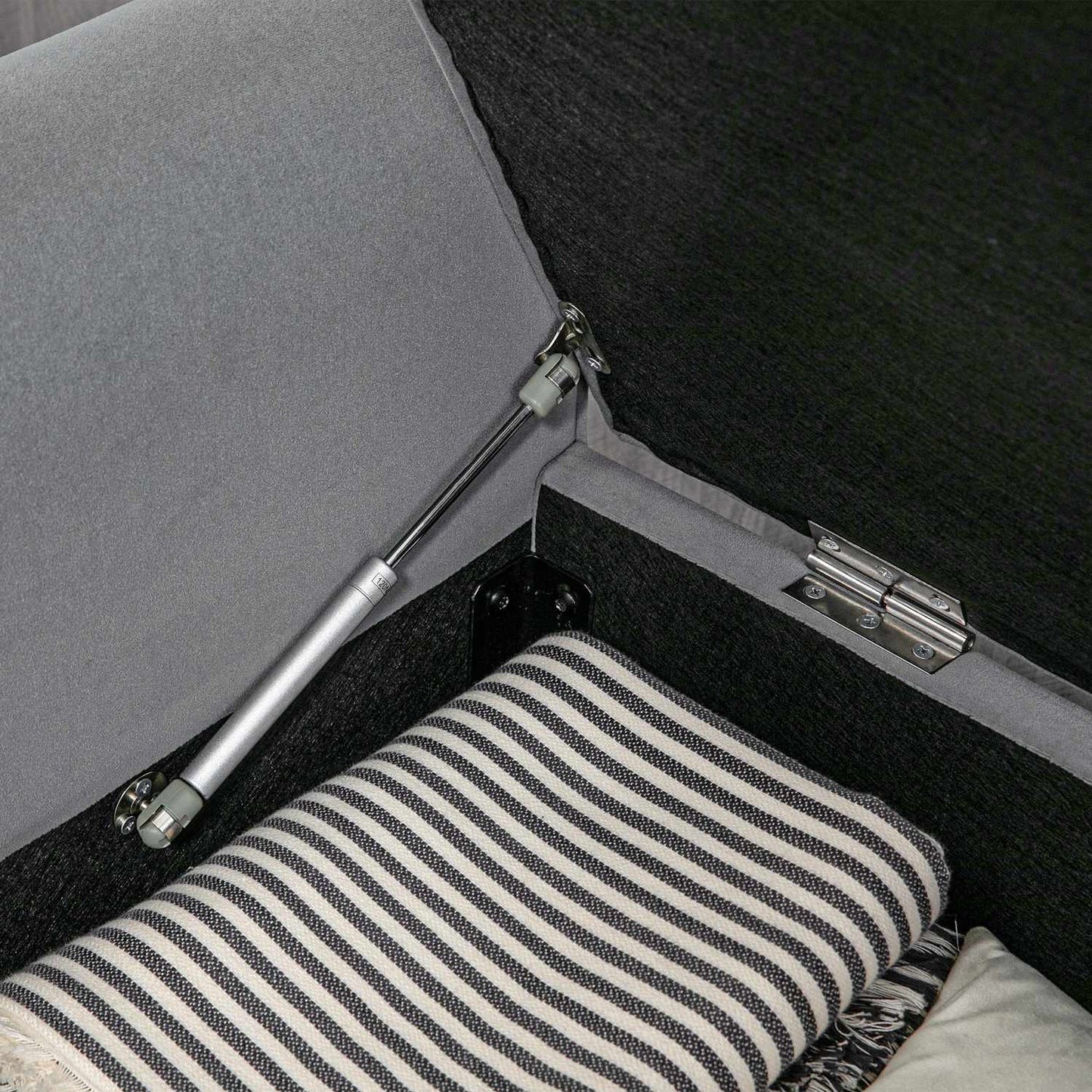 Gray upholstered bench with storage, velvet look, 120 kg capacity