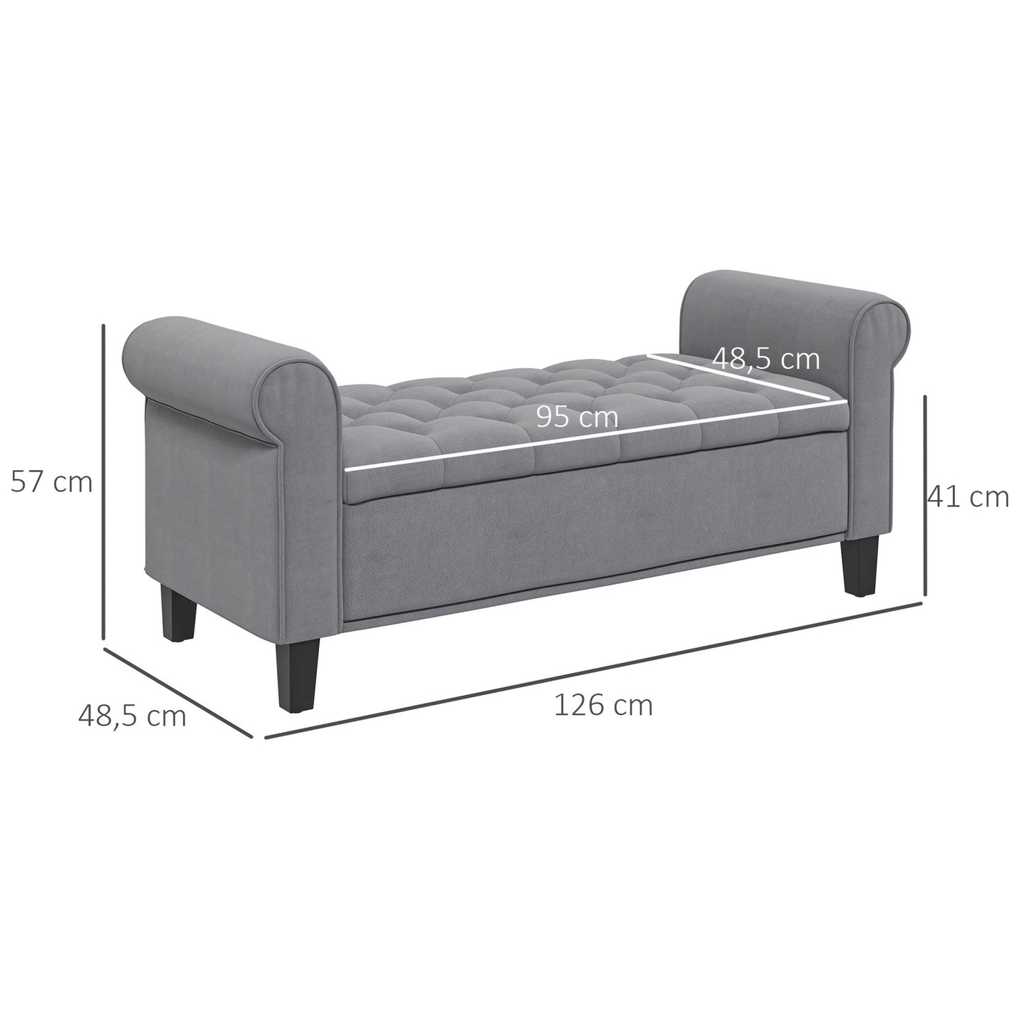 Gray upholstered bench with storage, velvet look, 120 kg capacity