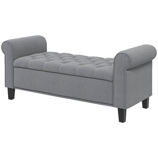 Gray upholstered bench with storage, velvet look, 120 kg capacity