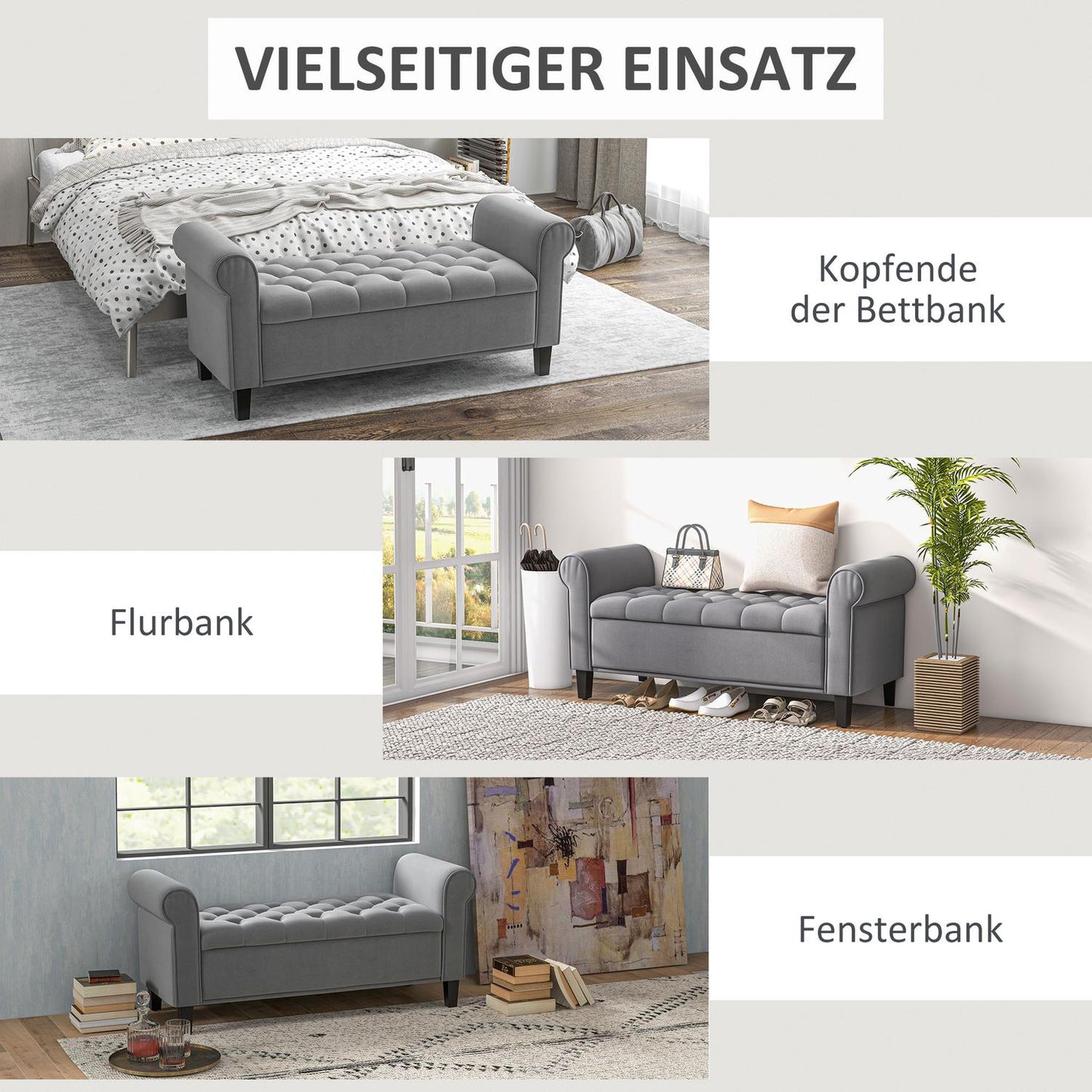 Gray upholstered bench with storage, velvet look, 120 kg capacity