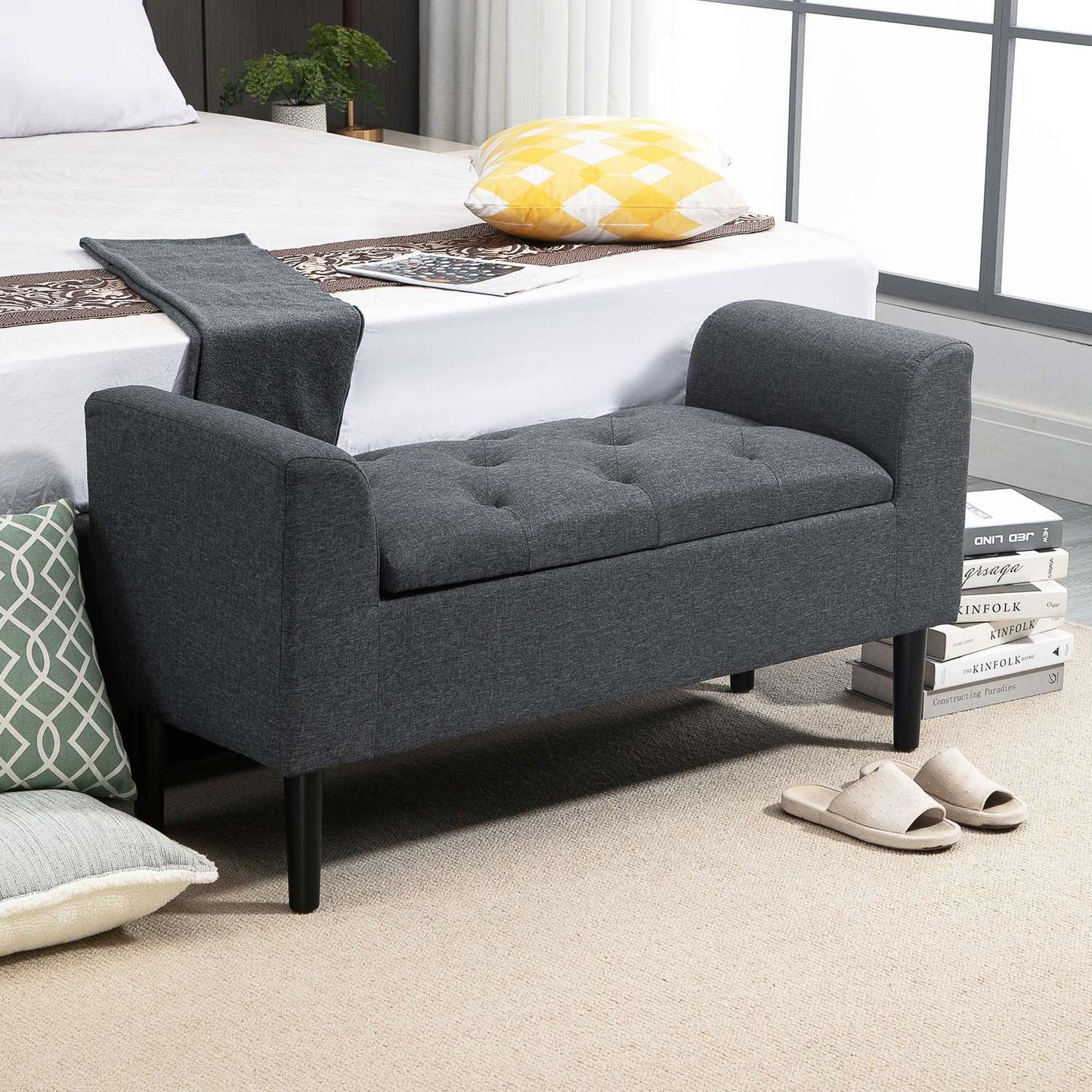 Upholstered storage bench, 130 kg capacity, dark grey