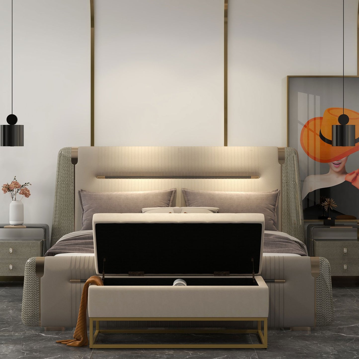 Beige upholstered storage bench with steel legs, 110cm