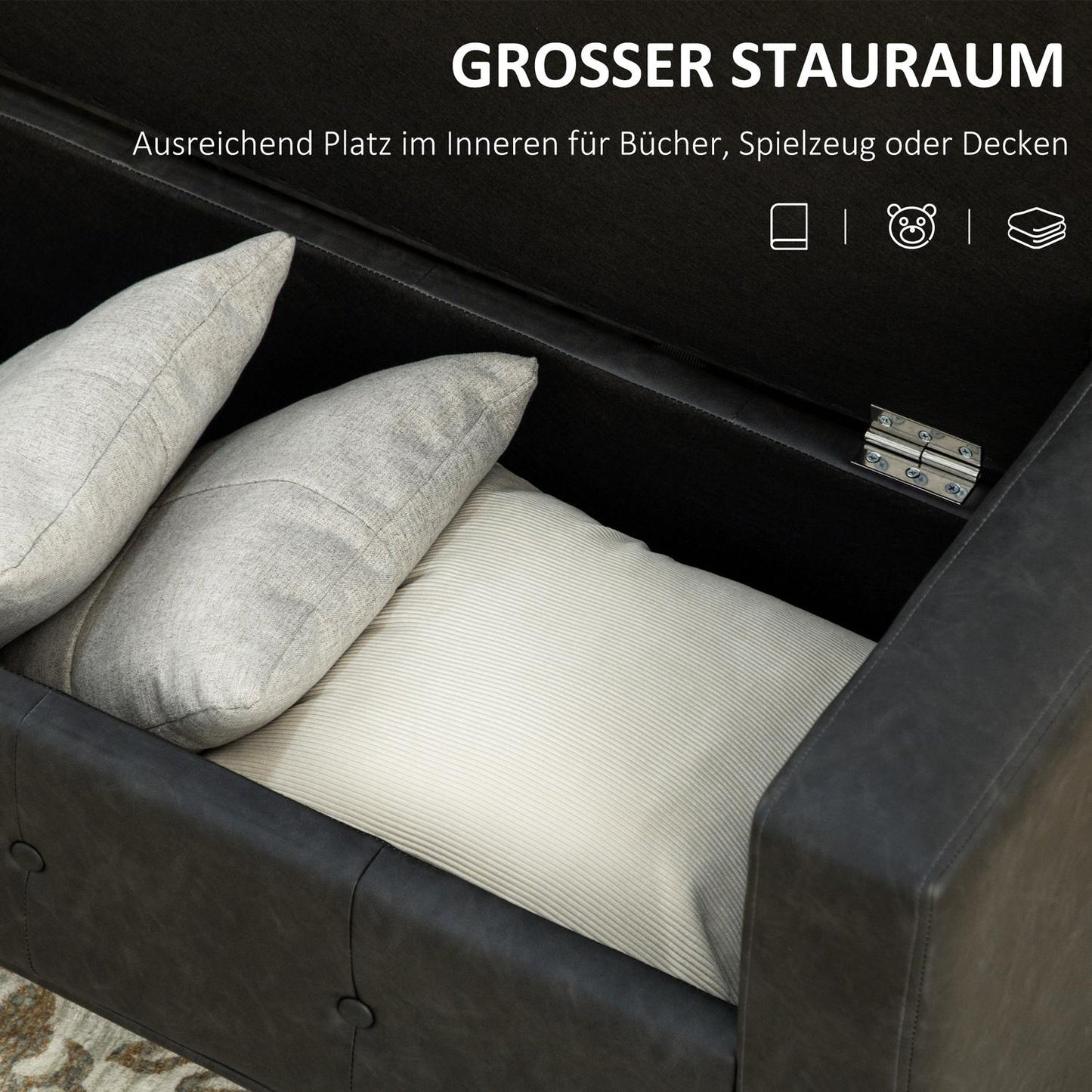 Upholstered storage bench with armrests - soft-closing hinges