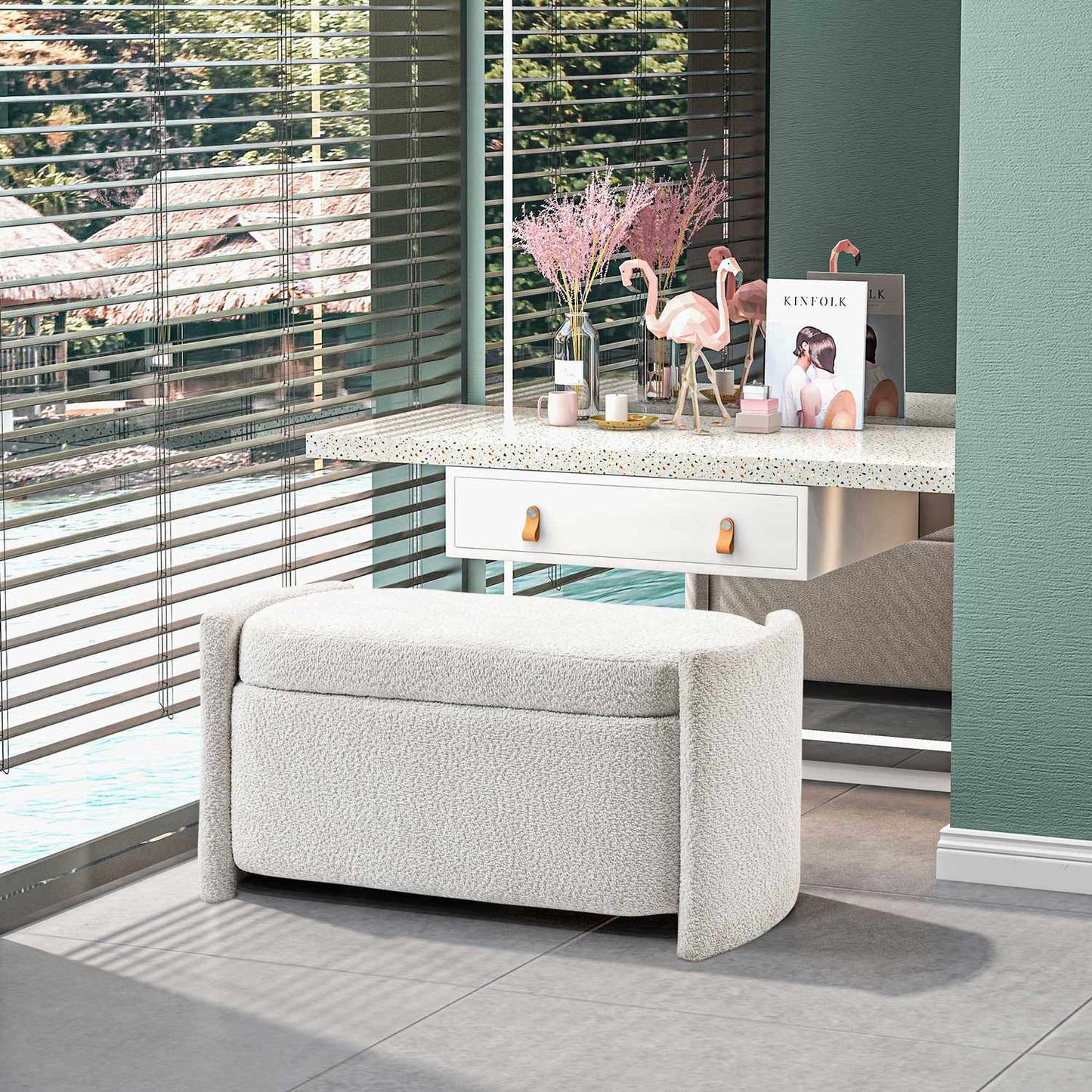 Cream Velvet Storage bench with lid - 105 x 44 x 45.5 cm