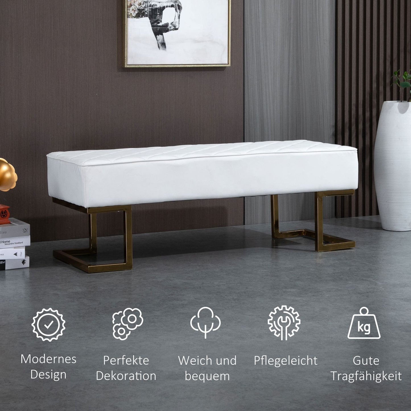 White & Gold Faux Leather Bench - 120x43x42 cm
