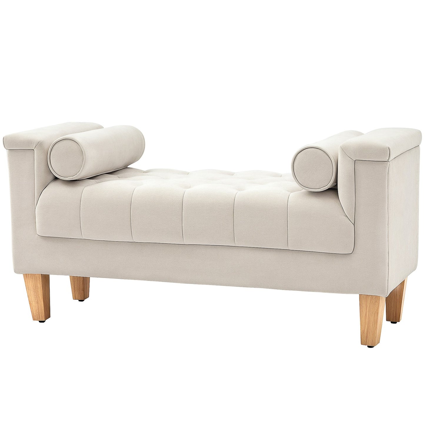Chenille upholstered bench with armrests and cushions, beige