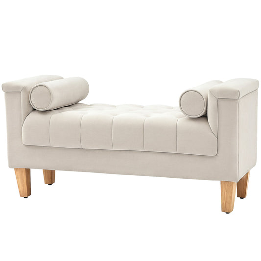 Chenille upholstered bench with armrests and cushions, beige