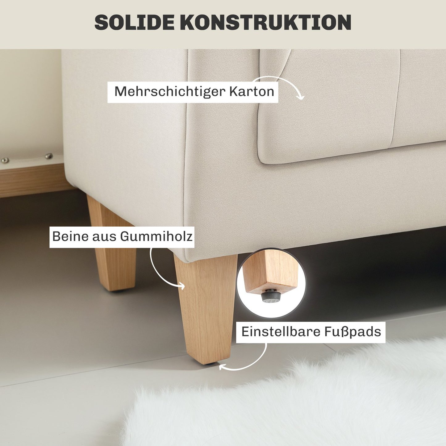 Chenille upholstered bench with armrests and cushions, beige