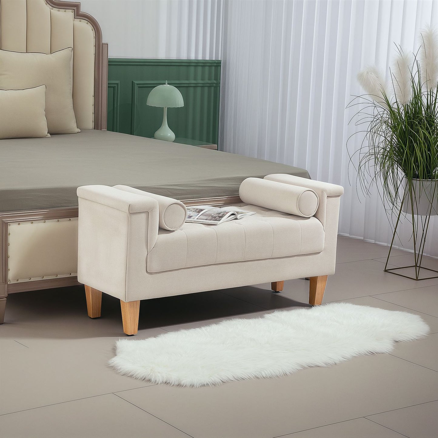 Chenille upholstered bench with armrests and cushions, beige