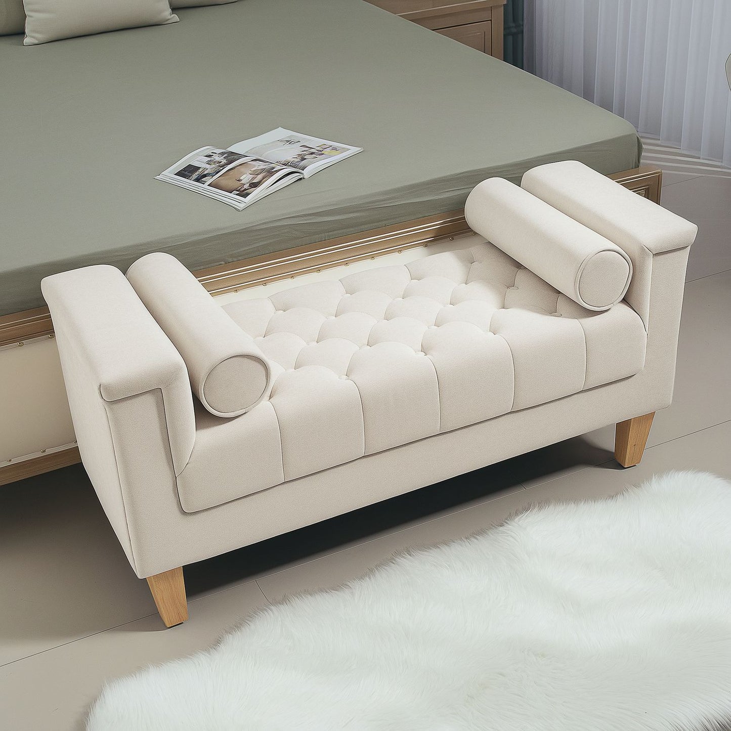 Chenille upholstered bench with armrests and cushions, beige