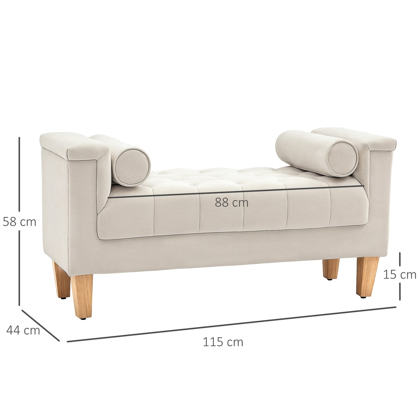 Chenille upholstered bench with armrests and cushions, beige
