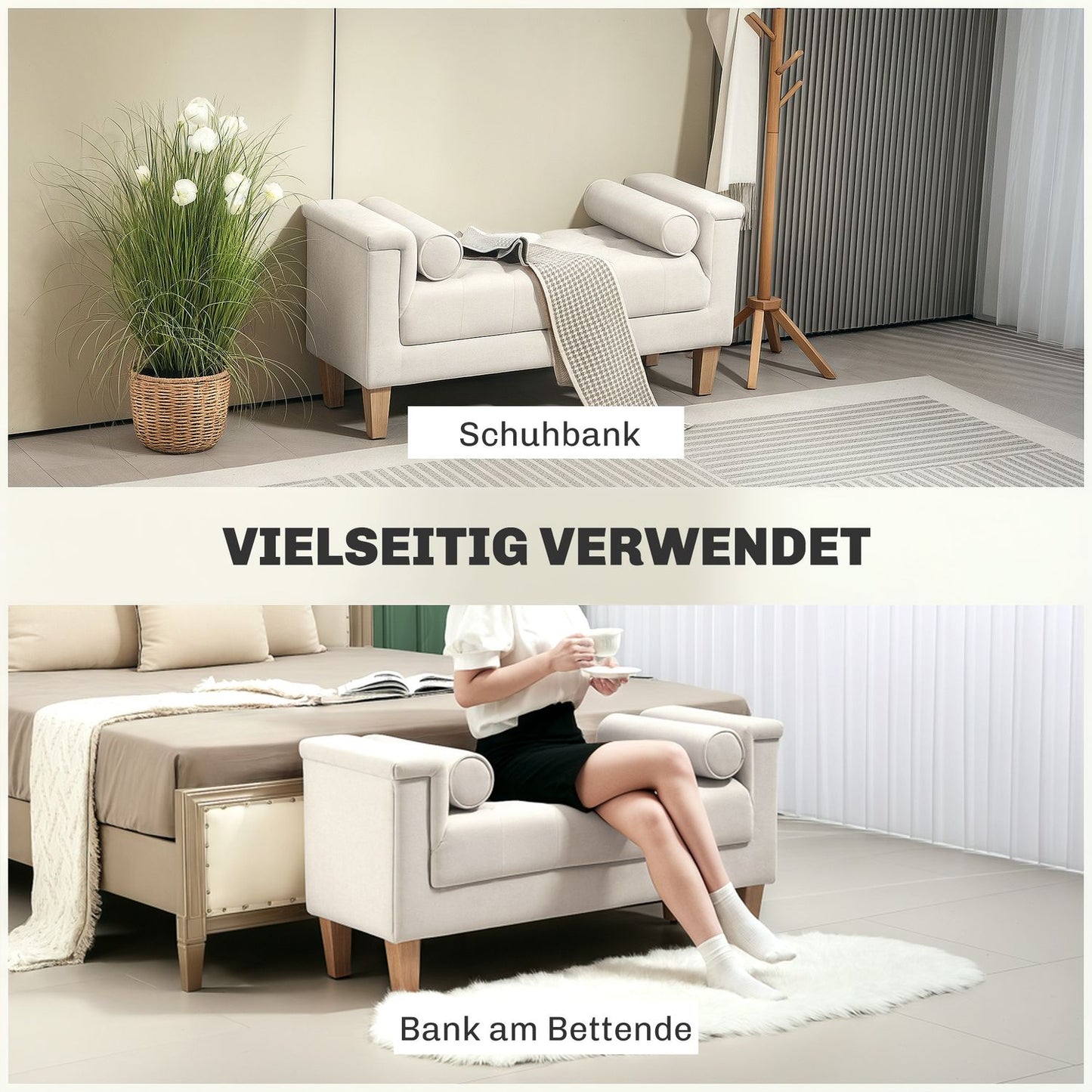 Chenille upholstered bench with armrests and cushions, beige