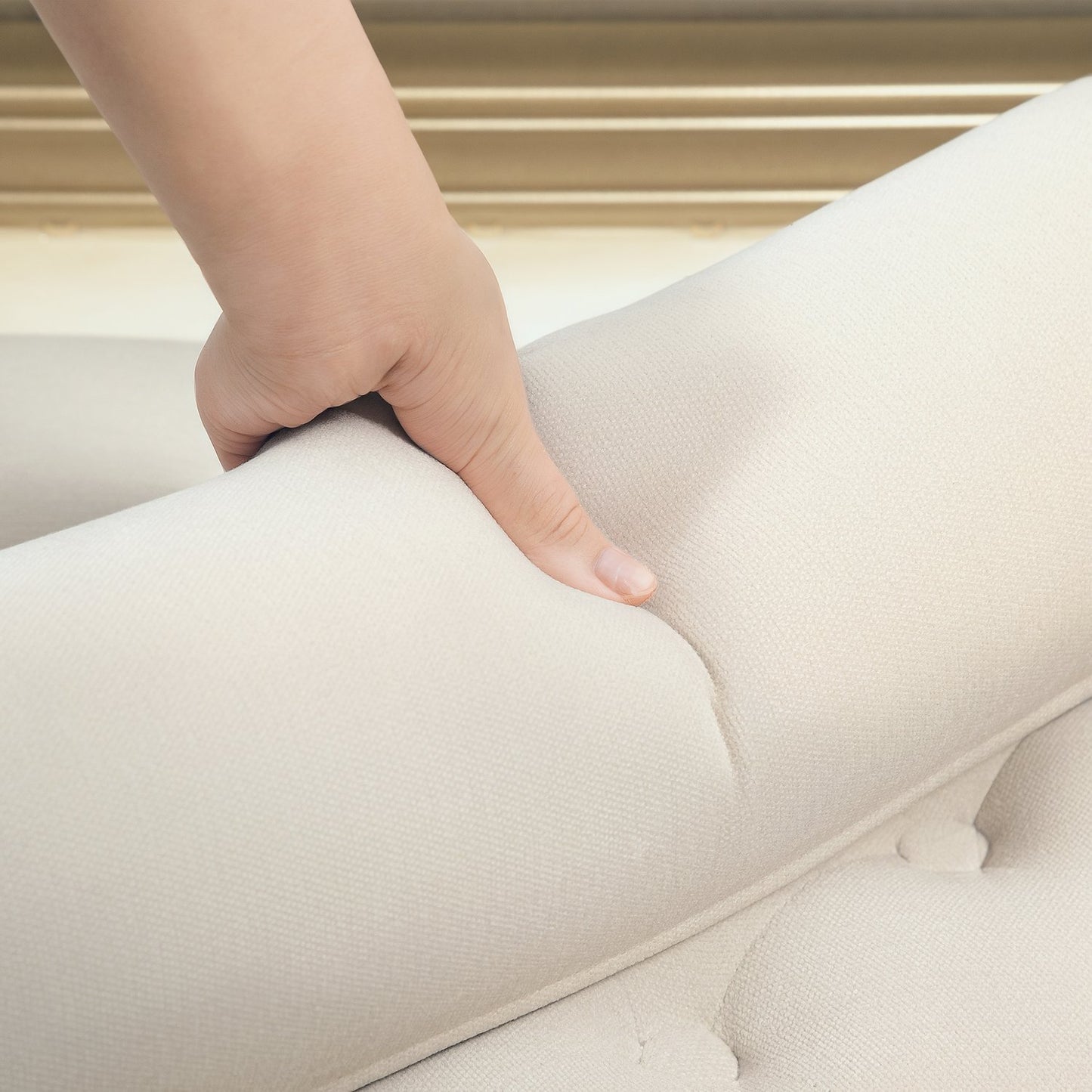 Chenille upholstered bench with armrests and cushions, beige