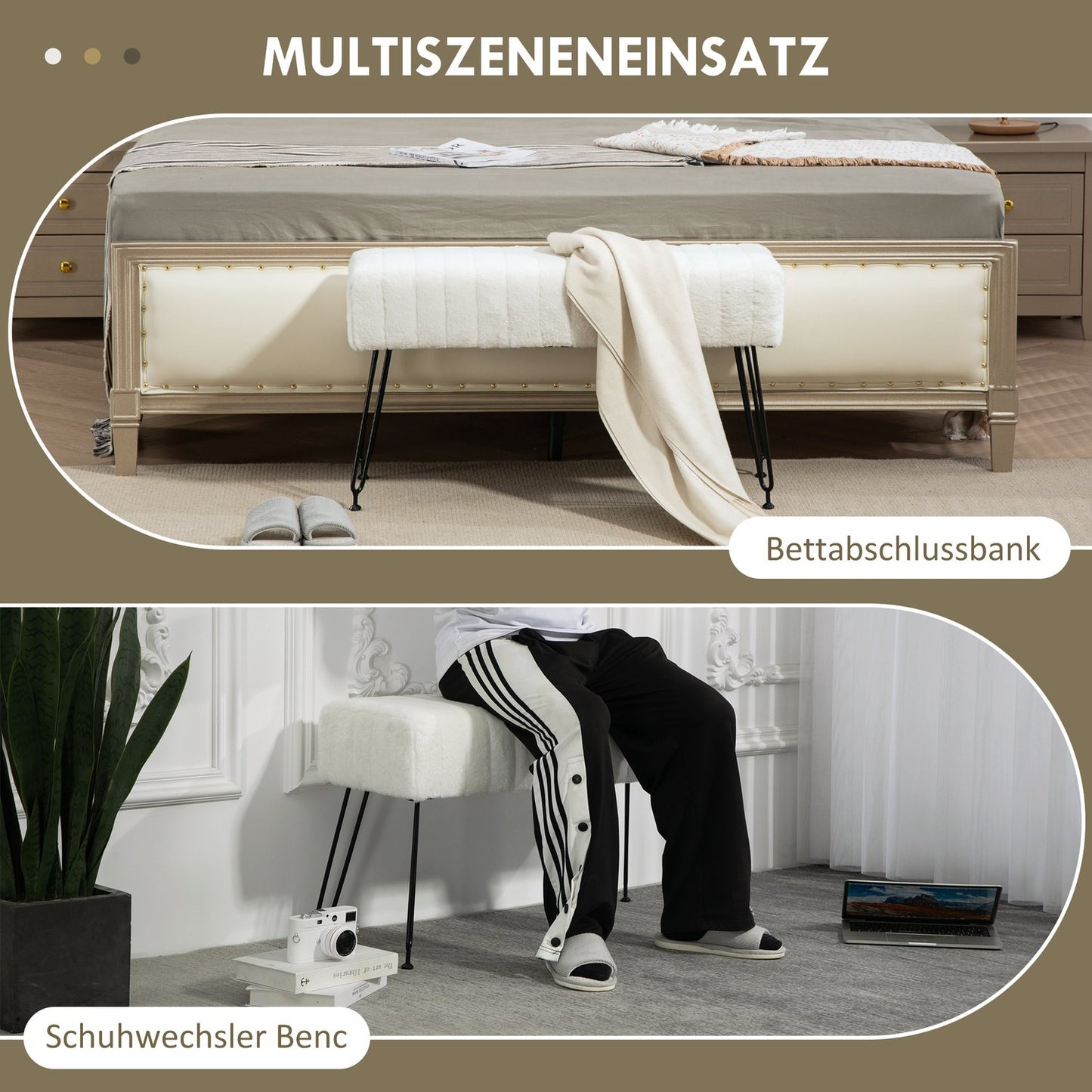 Upholstered cream bench with metal legs, faux fur look