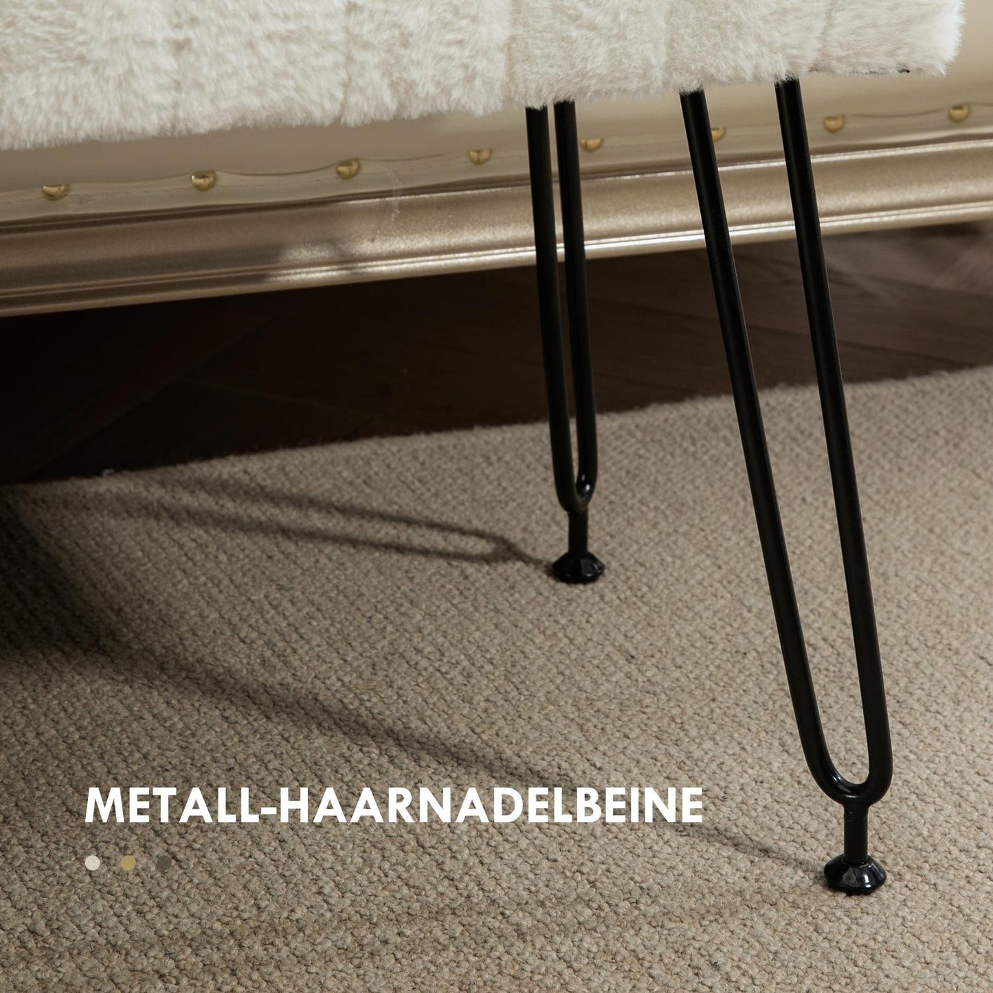 Upholstered cream bench with metal legs, faux fur look