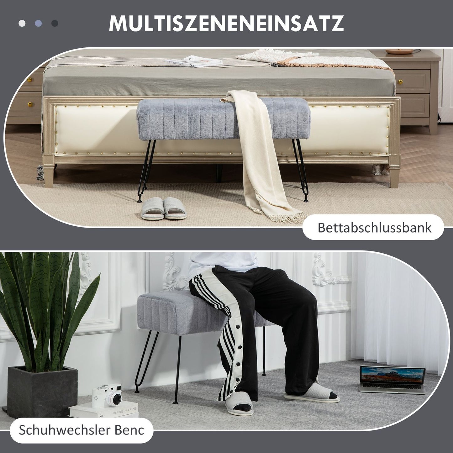 Gray faux fur upholstered bench with metal legs - 82 x 30 x 47 cm