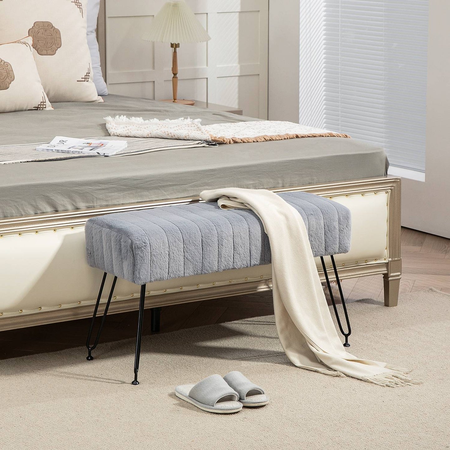 Gray faux fur upholstered bench with metal legs - 82 x 30 x 47 cm